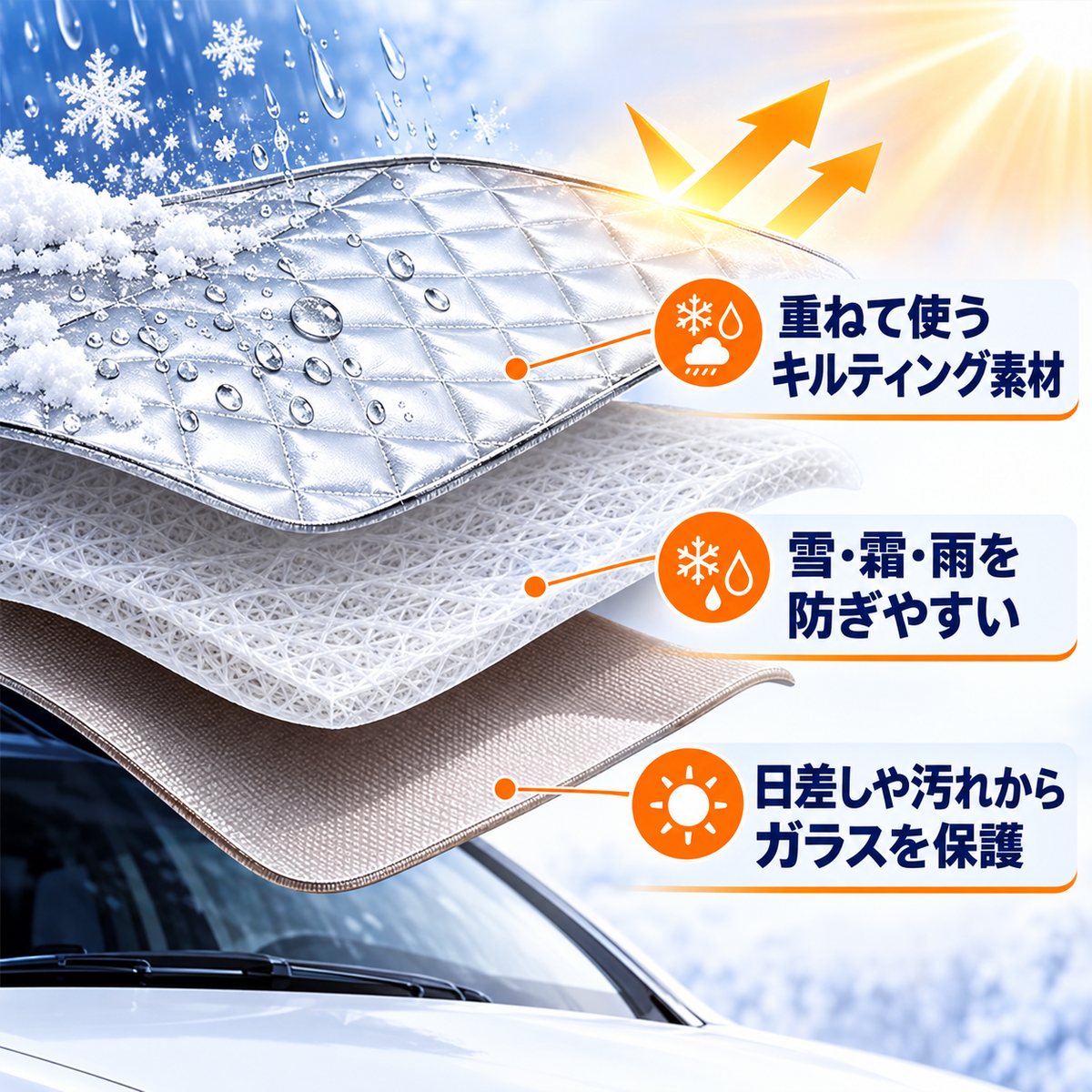 4層構造 フロントガラス凍結防止カバー｜雪・霜・雨・紫外線対策 マグネット固定式