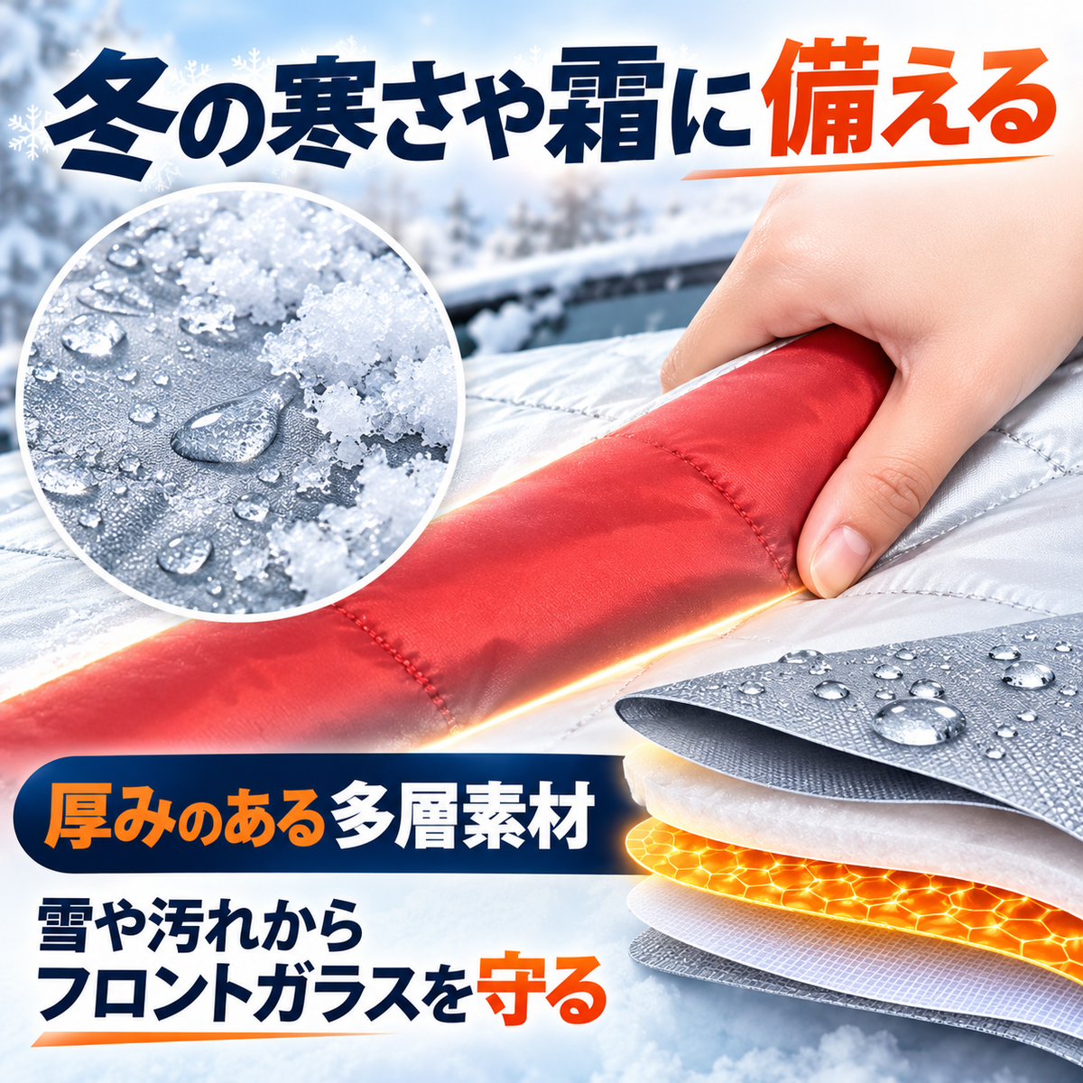 4層構造 フロントガラス凍結防止カバー｜雪・霜・雨・紫外線対策 マグネット固定式