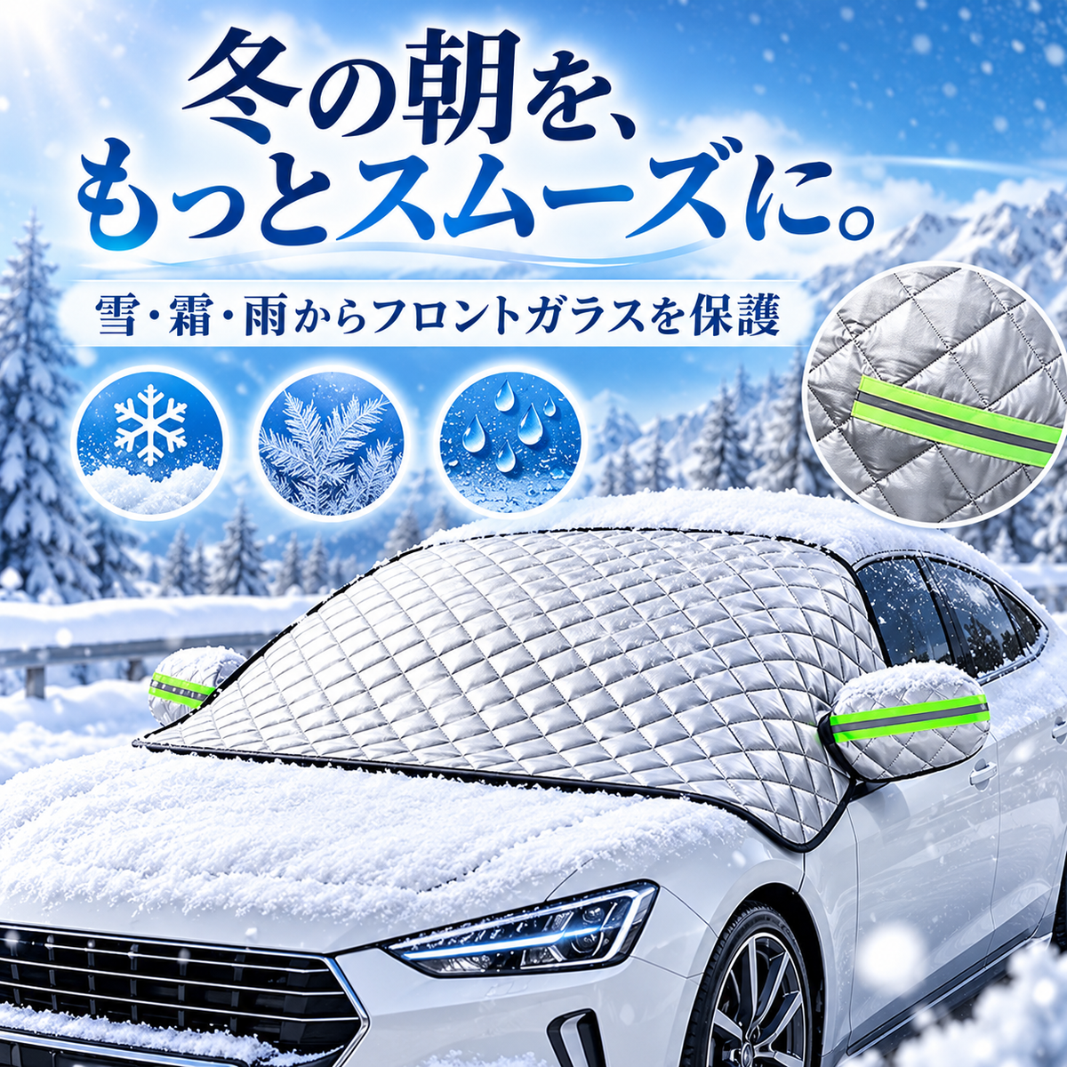 4層構造 フロントガラス凍結防止カバー｜雪・霜・雨・紫外線対策 マグネット固定式